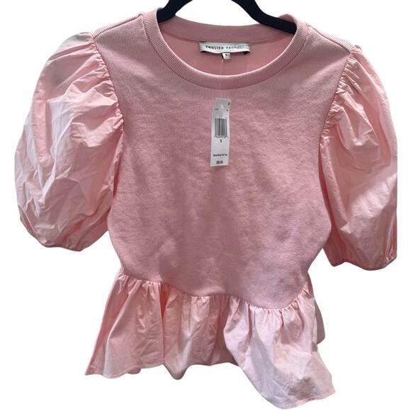 Soft Pink Ribbed and Ruffled Sleeve and Waist Cropped Peplum Blouse - NWT - Picture 1 of 6